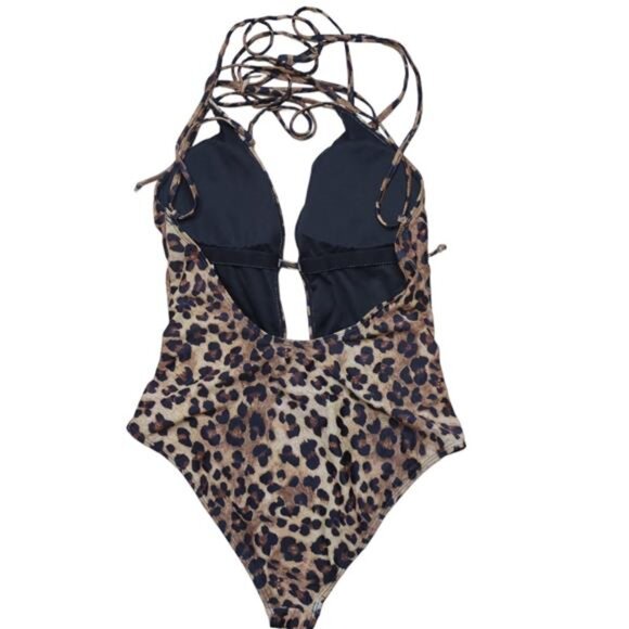 NEW One Piece Plunge Strappy Criss Cross Tie Leopard Print Swimsuit Women's L - Picture 7 of 7